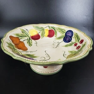 Tabletops Unlimited Gallery Pedestal Serving Bowl Large Handpainted Fruit 13" - Picture 1 of 12