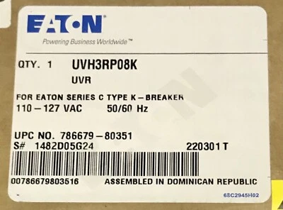 EATON CUTLER HAMMER UVH3RP08K 110 127 VAC K Frame UVR Undervoltage Release