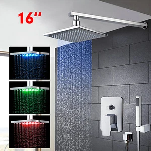Bathroom 3 Colors 16'' LED Rainfall Shower Head Wall Mounted Hand Shower Taps - Picture 1 of 8