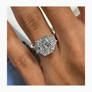 14K White Gold 3 Stone Engagement Ring Radiant Labcreated Diamond E/VVS2 4.16Ct - Picture 1 of 12