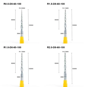 Fresas de extremo de nariz de bola cónica 4 piezas R0,5-2,0 mm*D8*60*100 mm fresas cónicas CNC - Imagen 1 de 3