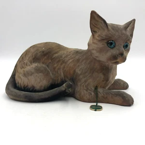 Rare Heissner Cat Mid Century 12" Long 7" high Brown Blue Glass Eyes Vintage - Picture 1 of 10