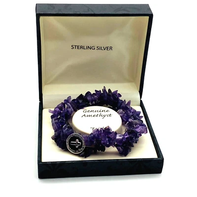 Pulsera Genuina Pulida Amatista Elastizada Esterlina Cruz Cristiana Dije Nueva con Etiquetas Foto 1 de 4