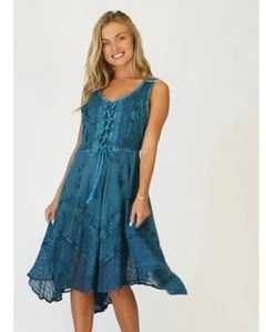 Abito corsetto Sakkas donna S/M blu stonewash midi ricamato fata boho zingaro - Foto 1 di 15