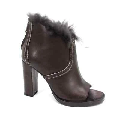 Brunello Cucinelli 棕色毛皮装饰露趾皮革踝靴 37 鞋跟凉鞋 — 第 1/4 张图片
