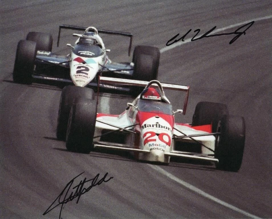 Foto 8x10 firmada por Emerson Fittipaldi y Al Uns Jr 1989 Indy 500 Foto 1 de 1