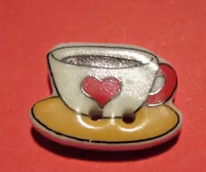 COLLECT: CERAMIC WHITE COFFEE CUP W. RED HEART 2-HOLE FLAT BUTTON~.50"X0.75~NEW - Picture 1 of 3