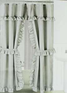 Grey Double Swag Fabric Shower Curtain Set, Vinyl Liner and 12 Rolling Rings - Picture 1 of 2