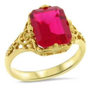 VICTORIAN STYLE 24K GOLD PLATED 925 STERLING SILVER LAB-CREATED RUBY RING 1015Z - Picture 1 of 6