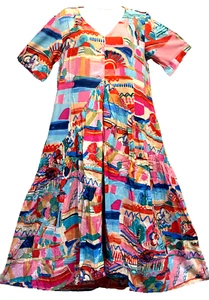 Nwt SACRED THREADS abstract funky hippie rayon pocket hi-low DRESS M Free shipp - Picture 1 of 7
