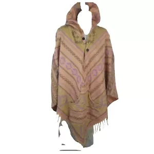 Poncho|2 Button|Tassels | Hood+Pocket| Boho| Desert| Yak Wool Blend|1 Size|Amber - Picture 1 of 8