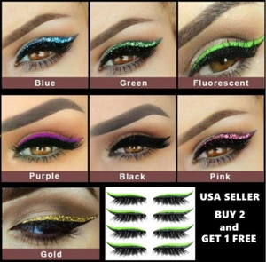 4 Pairs 3D False Eyelashes + Multi-color Glitter Eyeliner Set Self Adhesive - Picture 1 of 15