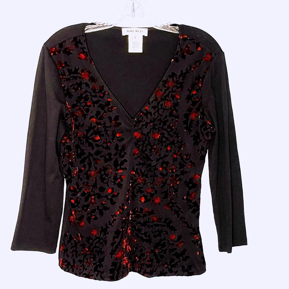 Top de terciopelo negro rojo Burnout Nine West para mujer grande Y2K Whimsigoth oscuro femenino Foto 1 de 4