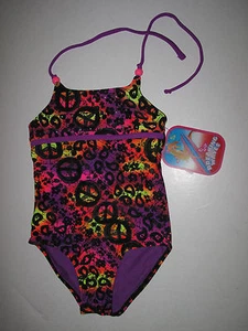 Breaking Waves Girl's -5- Purple Pink Leopard Print 1 Pc Halter Swimsuit - Picture 1 of 2