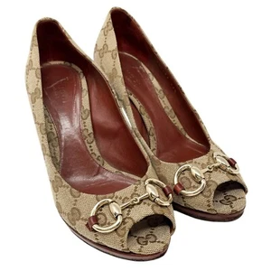GUCCI Vintage GG Monogram Logo Sandals Heels #36.5 Beige Red Canvas Leather - Picture 1 of 11