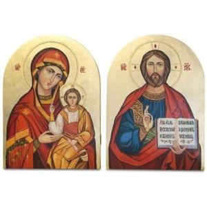 Set aus zwei handbemalten auf Holztafel Jesus und Jungfrau Maria Ikonen 12 cm - Bild 1 von 5