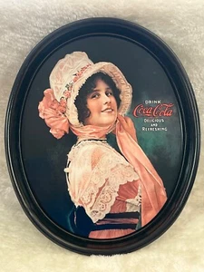Vintage  Coca Cola oval Tin Serving Tray with Woman in pink dress - Picture 1 of 5