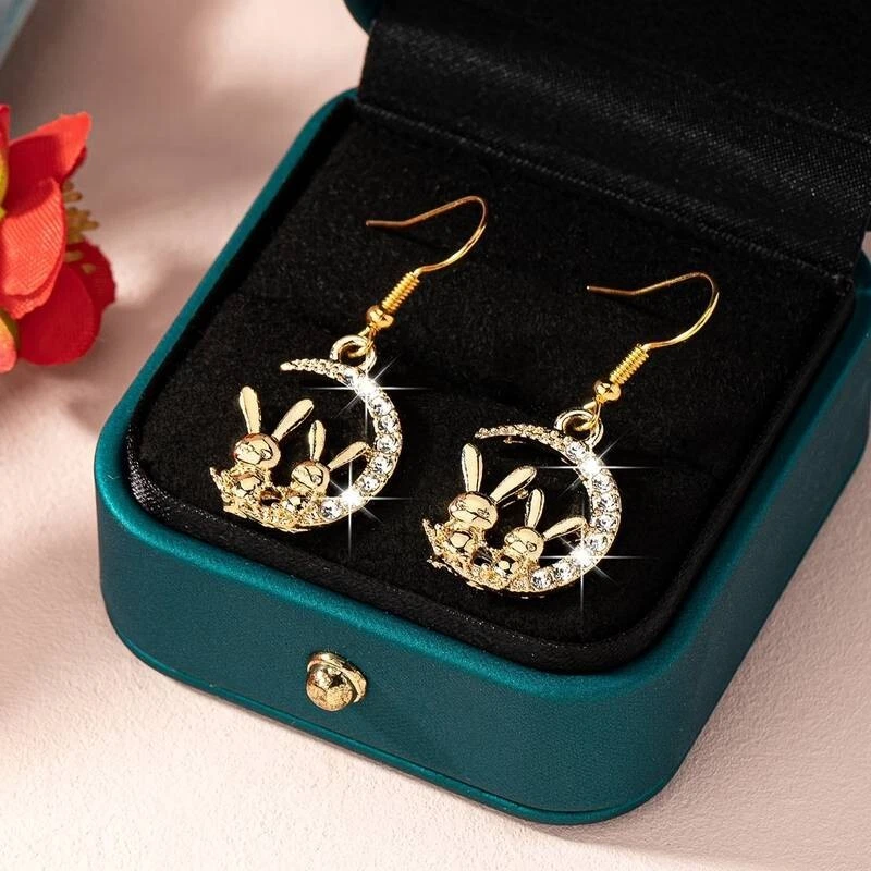18K Gold Filled " Two Little Bunny Rabbits Sat On The Moon" Hook Earrings - Image 1 of 4