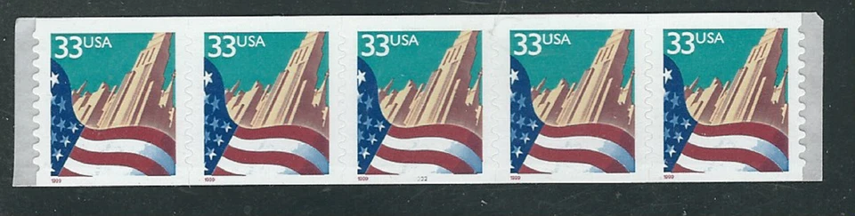 Scott #3281...33 Cent...Flag & City...Pl # strip of 5 - Image 1 of 1
