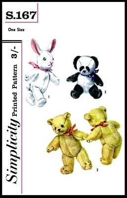 Simplicity #S.167 Teddy Bear Panda Rabbit Fabric Sew Pattern Stuffed Animal Toy  - Image 1 of 4