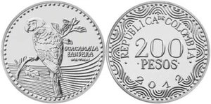 UNCIRCULATED COIN Colombia 200 Pesos. Scarlet macaw- Ara macao/Tree branch - Picture 1 of 1