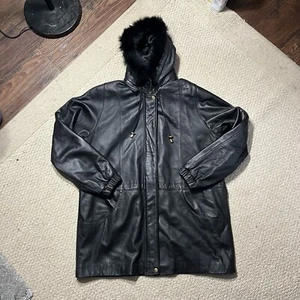 Worthington Genuine Lambskin XL Leather Black Coat Jacket Fox Fur Hood Zipper - Picture 1 of 13