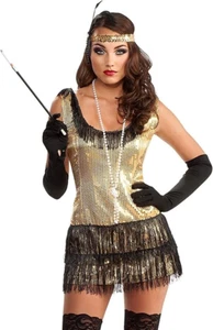 Para mujeres Adulto Oro Lentejuela Negro Flecos Vestido con Collar Cuentas Disfraz, L - Imagen 1 de 1