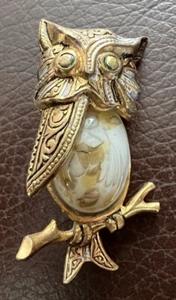 Vintage Owl Pin Spain Damascene White Glass Marbled Belly Gold Silver Metal 1.5” - Picture 1 of 8