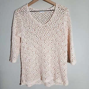 J. Jill Open Weave Crochet 100% Cotton Sweater Size Medium Pink & White - Picture 1 of 8