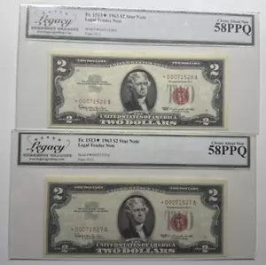 LEGACY58 STAR TWO CONSECUTIVE 1963 2$ LOW SERIAL # THREE 000 DIGITS 1527/8A - Picture 1 of 2