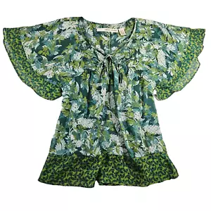 DKNY Womens Sz M Green Floral Y2k Mix Print Babydoll Flowy Fairycore Blouse - Picture 1 of 8