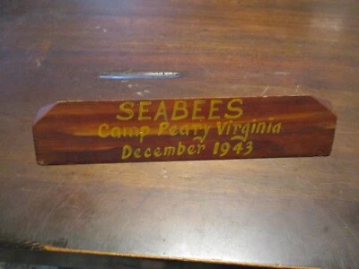 Letrero de escritorio base militar original SEABEES Camp Peary Virginia diciembre 1943 Foto 1 de 4