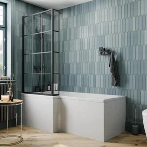 L Shaped Shower Bath 1700x855mm, Black Grid Screen & Bath Panel LH Bathroom - Picture 1 of 7