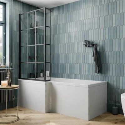 CERAMICA L Shaped Shower Bath 1700x855mm, Black Grid Screen & Bath Panel LH Bathroom