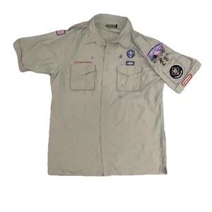 Vtg Boy Scouts of America Uniform Shirt Adult L Supplex Nylon Patches *READ* - Picture 1 of 11