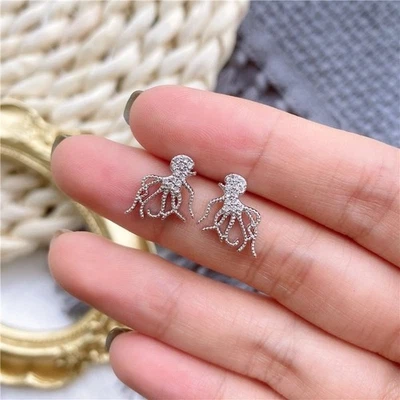 Silver Plated Octopus Cubic Zirconia Stud Earrings Cute Animal Jewelry - Image 1 of 4