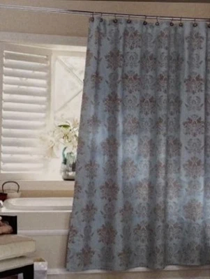 Fieldcrest Luxury Blue Fabric Shower Curtain Cotton Textured Gold Damask 72x72 - Image 1 of 4