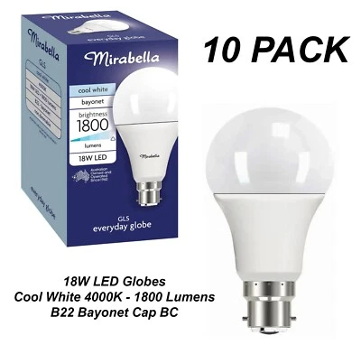 10 x 18W LED Light Globes Bulbs Lamps Cool White 4000K B22 Bayonet - 1800Lm - Image 1 of 4