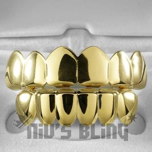 18K Gold IP Plated STAINLESS STEEL GRILLZ Top & Bottom Mouth Teeth Hip Hop Grill - Picture 1 of 3