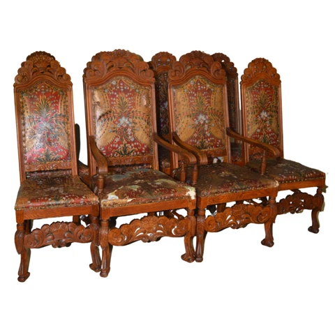 Antique Heavily Carved Oak Chairs - Unusual Leather #21613 Cover