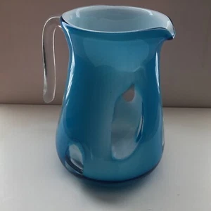 Vintage Modern Mid Century Czech Cased Art Studio Glass Pitcher Turquoise Clear - Picture 1 of 9