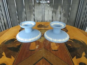 Pair of Vintage Wedgwood Pale Blue Jasperware Candlesticks Candle Holders - Picture 1 of 6