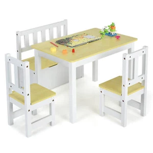 Wooden Kids 4 PCS  Activity Table & Chairs Set w/ Storage Bench Study Desk - Picture 1 of 8