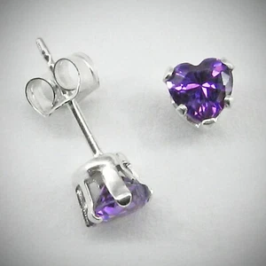 4mm Heart CZ Amethyst Purple Stud Post Earrings in SOLID 925 Sterling Silver - Picture 1 of 8