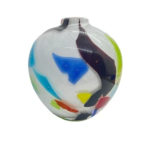 Crate and Barrel Bud Vase White Hand Blown Art Glass Splatter Cased Ziggy 4.5" H - Picture 1 of 11