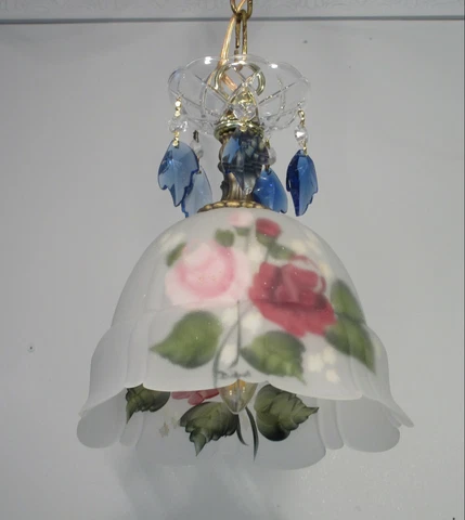 Vintage Glass Pendant Petite Light Hand Painted Flowers Blue Crystal 2Avl Cover