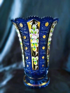 Cristal Bohemia Checo - Jarrón Cristal Azul Corte 26cm Decorado Oro y Esmalte - Imagen 1 de 4
