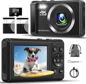 4K Ultra HD Digital Camera 64MP Compact with 32GB SD Card & 2 Batteries Black - Picture 1 of 7