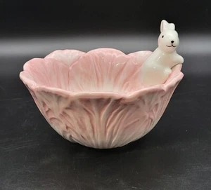 Ceramic Pink Cabbage Shaped Bowl White Bunny Rabbit Salad Snack Cereal Easter  - Picture 1 of 12