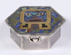 925 Silber Mexico Deckeldose Pillenbox Pillendose Azteken Mosaik box silver - Bild 1 von 8